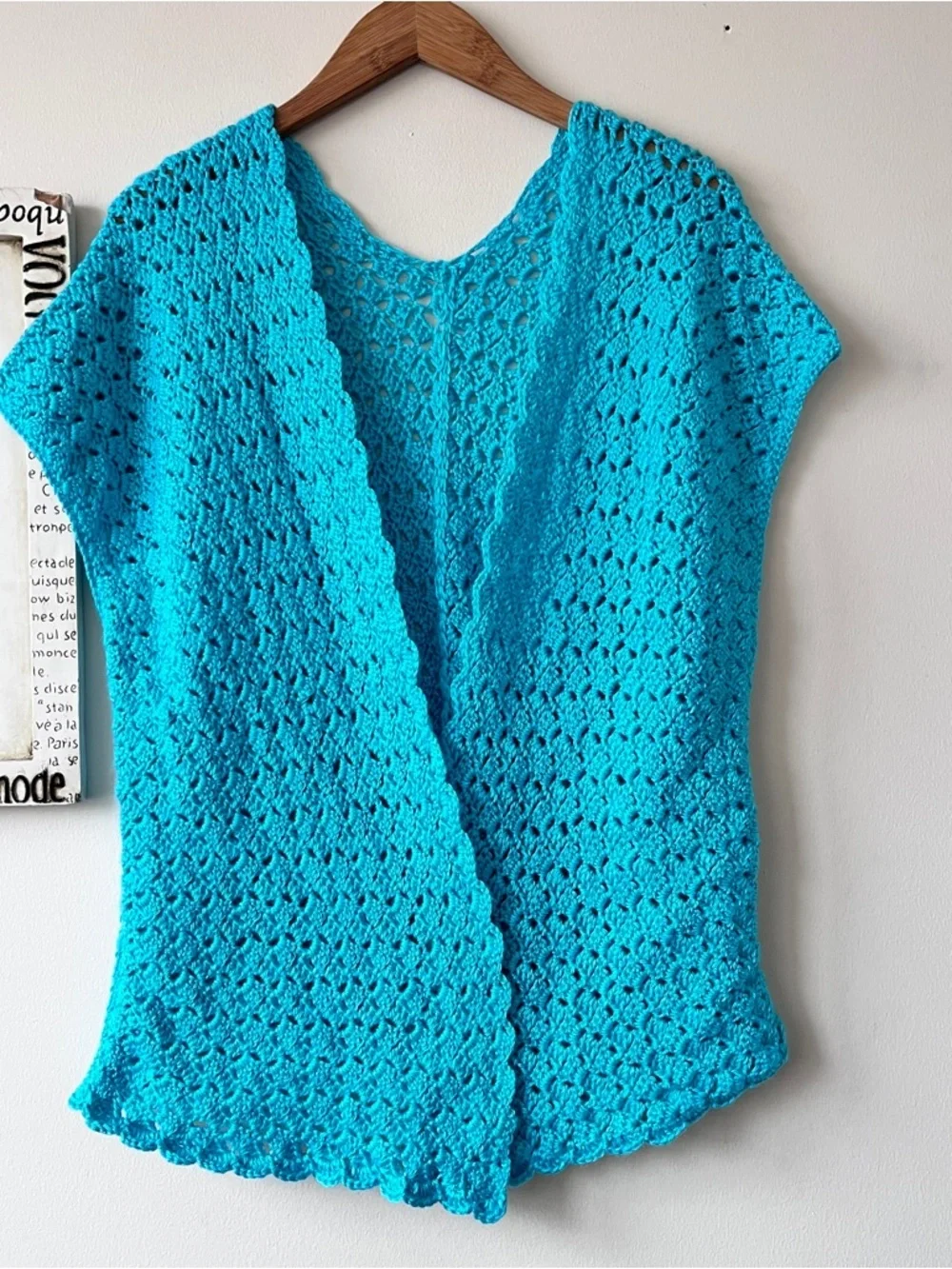 Vintage Hand Crocheted Open Front Turquoise Boho Festival Hippie Vest Size L